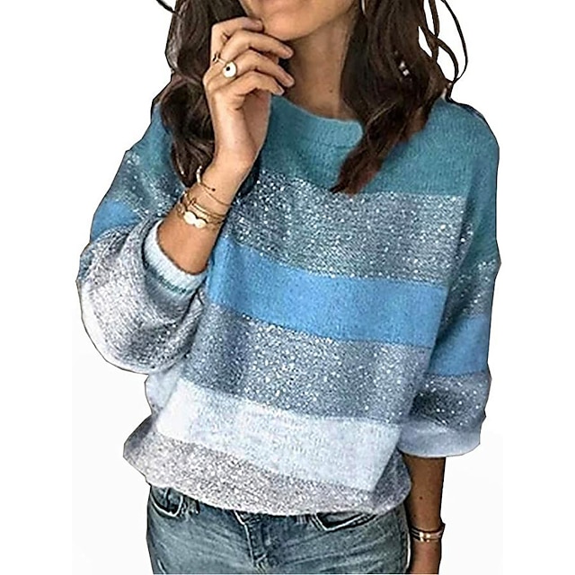  Women's Pullover Sweater Jumper Jumper Knit Patchwork Knitted Crew Neck Striped Outdoor Daily Stylish Casual Winter Fall Green Blue S M L