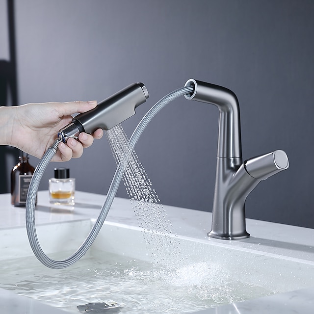  rubinetto del lavabo del bagno con doccetta estraibile, alzabile in ottone 3 modalità finiture galvaniche/verniciate centrotavola monocomando lavabo monoforo bocca girevole per rubinetti vasca acqua calda e fredda