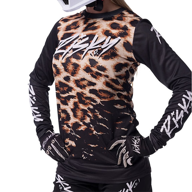  21Grams Dame Downhill Jersey Langermet Rosa Brun Grå Leopard Sykkel Pustende Hurtigtørkende sport Leopard Klær