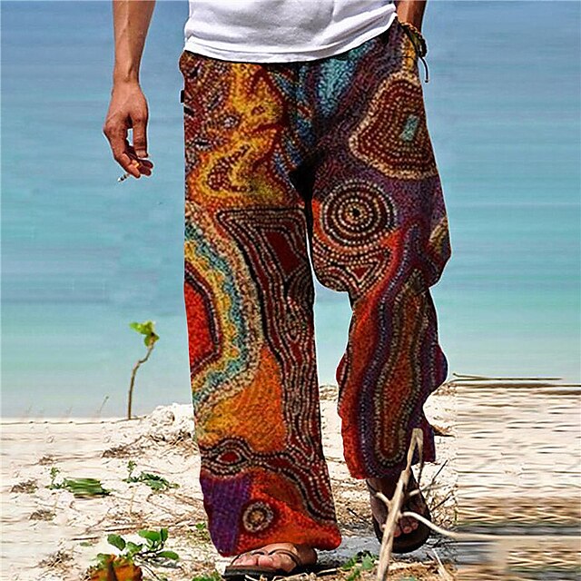 Mens Clothing Mens Bottoms | Mens Designer Ethnic Style Straight Trousers 3D Print Drawstring Elastic Waist Pants Casual Daily G