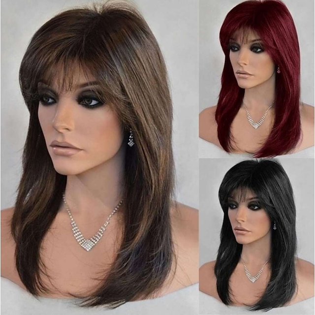  Synthetic Wig Straight With Bangs Machine Made Wig 18 inch Light Brown Dark Wine Black Synthetic Hair Women‘s Adjustable Color GradientHigh Quality Black Brown Wine Christmas Party Wigs