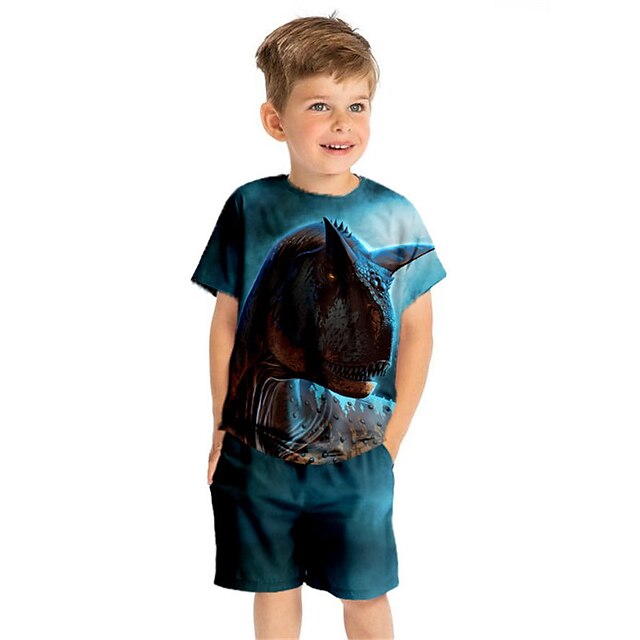 Baby & Kids Boys Clothing | Kids Boys T-shirt & Shorts Clothing Set 2 Pieces Short Sleeve Blue Dinosaur Animal Crewneck Print St