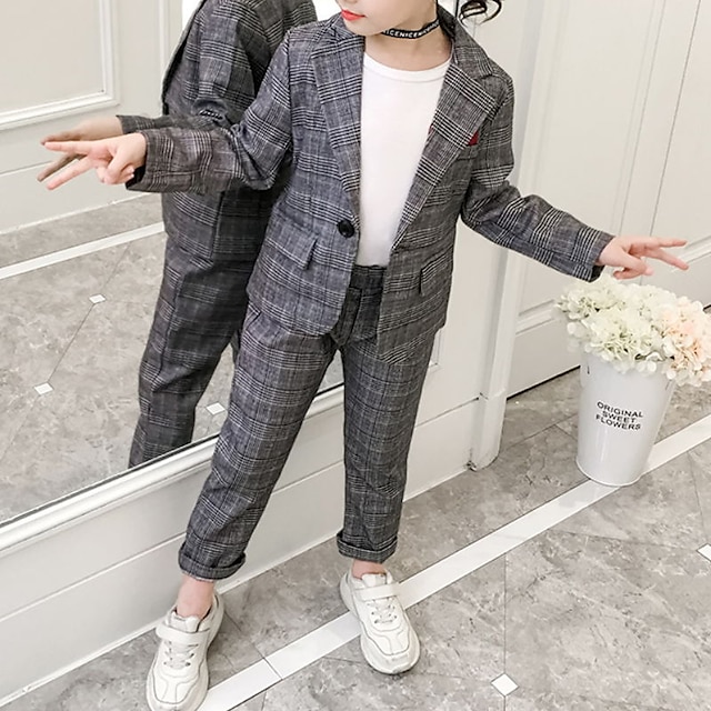  Παιδιά Κοριτσίστικα Κοστούμι & Σακάκι Σετ Ρούχων 2 Κομμάτια Μακρυμάνικο Γκρίζο Καρό Σχολείο Ενεργό Preppy Style 3-12 χρόνια