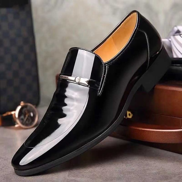  Men's Black Patent Leather Loafers with Metal Decoration for Formal and Casual Wear