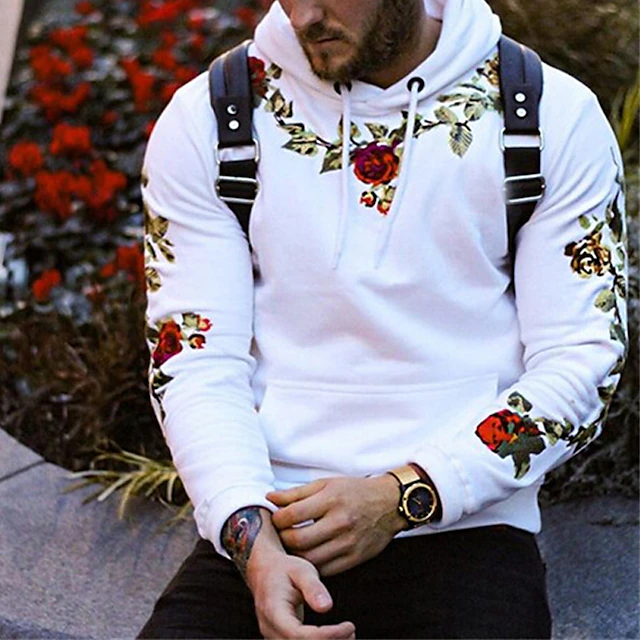 Men's Floral Graphic Hoodie Hoodies Sweatshirt Streetwear Casual Long Sleeve Hooded Daily Holiday Going out Black White Pocket Print Fall & Winter Designer 9