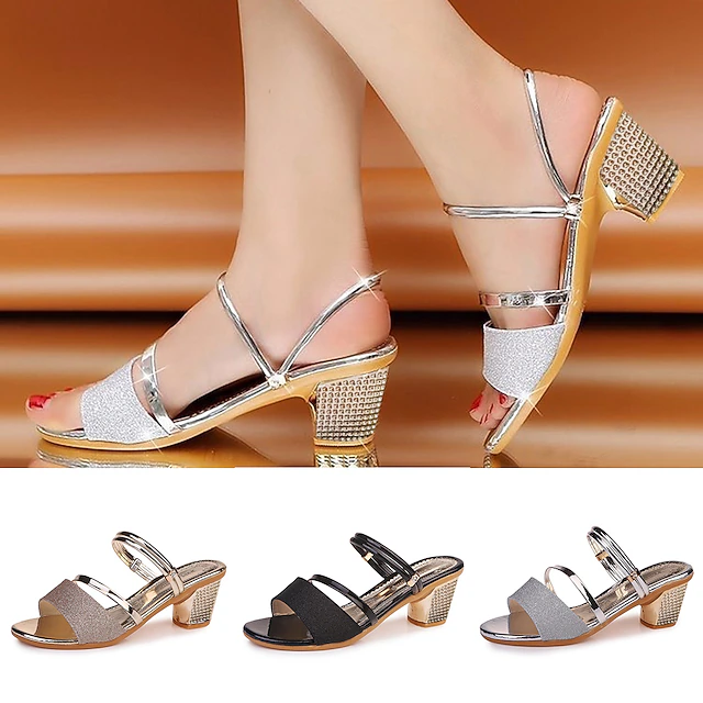 Women's Silver Strappy Heels with Studded Block Heel - Ideal for Parties and Special Events 9