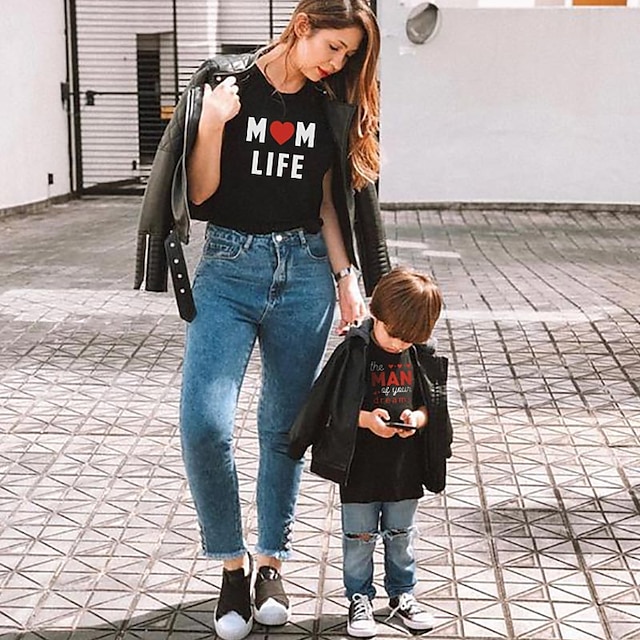 Baby & Kids Matching Outfits | Mommy and Me T shirt Tops Heart Letter Daily Print Black Pink Wine Short Sleeve Basic Matching Ou