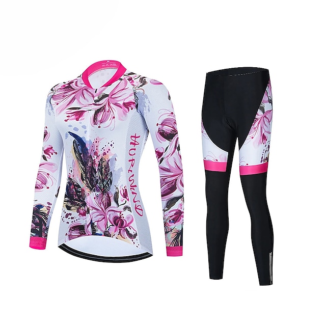  21Grams Women's Cycling Jersey with Bib Tights Long Sleeve Mountain Bike MTB Road Bike Cycling Red White Black Red Floral Botanical Bike Clothing Suit 3D Pad Breathable Quick Dry Moisture Wicking