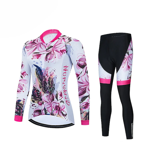 Women's Cycling Jersey with Bib Tights Long Sleeve Mountain Bike MTB Road Bike Cycling Red White Black Red Floral Botanical Bike Breathable Quick Dry Spandex Sports Floral Botanical Clothing Apparel 6