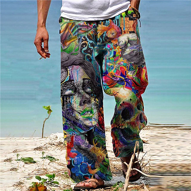 Men's Trousers Summer Pants Beach Pants Pocket Drawstring Elastic Waist Graphic Prints Graffiti Comfort Breathable Casual Daily Holiday Streetwear Designer Brown Rainbow3