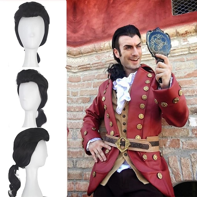  gaston cosplay paryk til mænd beauty and the beast gaston colonial mænd langt hår parykker sort bølget med hestehale varmebestandig syntetisk paryk under
