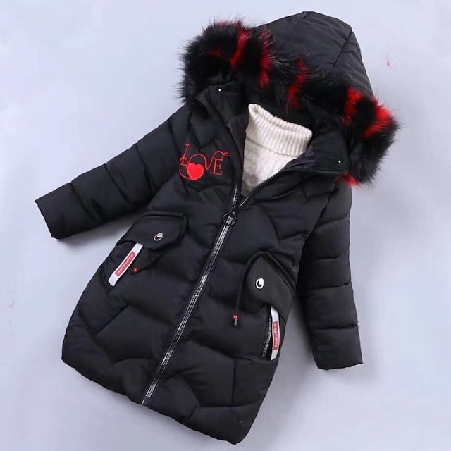  Chica 3D Chaqueta acolchada para niños Corazón Letra Plumón Chaqueta acolchada Manga Larga Otoño Invierno Activo Fresco Niños 3-12 años Diario Ajuste regular