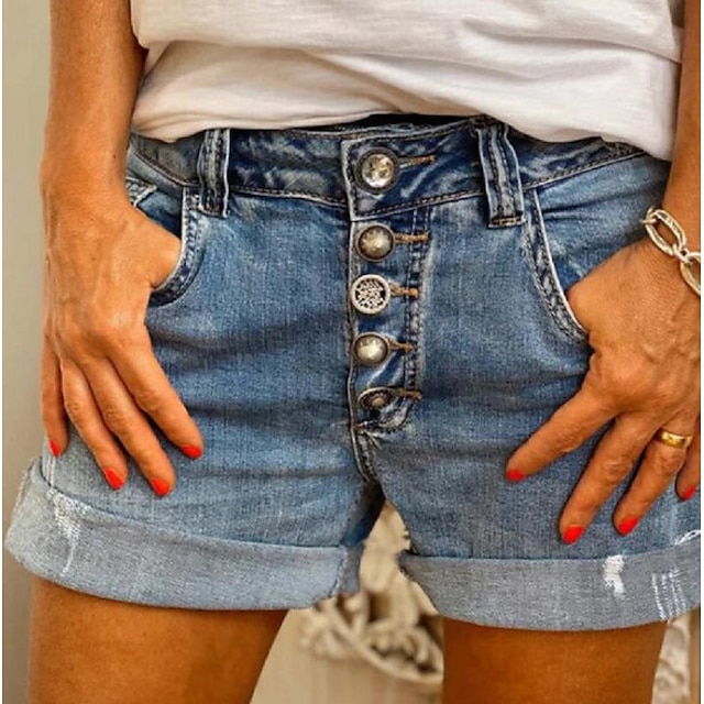  Women's Shorts Jeans Denim Blue Fashion Mid Waist Side Pockets Casual Weekend Short Micro-elastic Solid Color Comfort S M L XL 2XL
