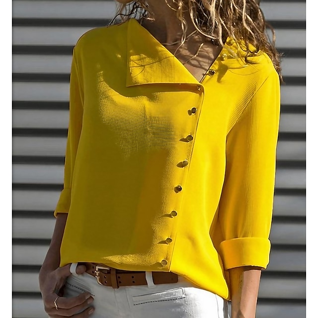  Damen Hemd Bluse Schwarz Weiß Gelb Glatt Taste Langarm Casual Täglich Basic Geschäftlich Elegant V Ausschnitt Standard Baumwolle S