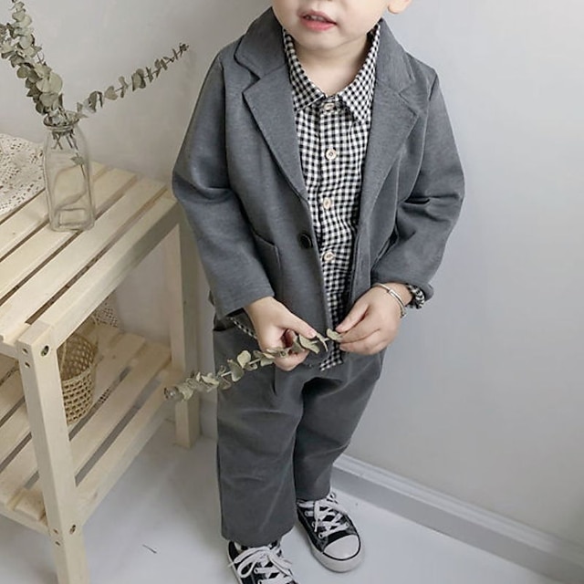 Baby & Kids Boys Clothing | Kids Boys Suit & Blazer Shirt & Pants Clothing Set 3 Pieces Long Sleeve Black Gray Plaid School Form