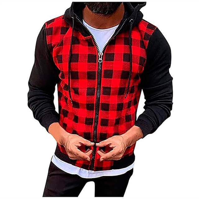 Mens Clothing Mens Hoodies & Sweatshirts | Mens Full Zip Hoodie Jacket Plaid Zipper Pocket Casual Daily Holiday Other Prints Cas