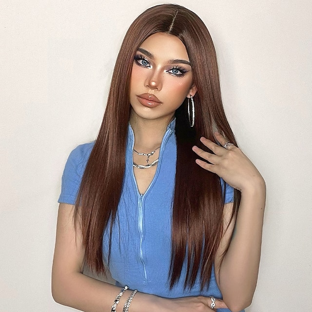 Beauty & Hair Wigs & Hair Pieces | Synthetic Lace Wig Natural Wave Style 24 inch Dark Brown Middle Part 13x1 Lace Front Wig Wome