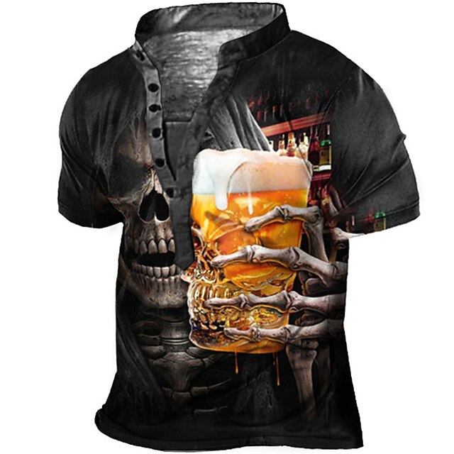 Men's Halloween Graphic Skull Beer T Shirt Henley Shirt Tee Short Sleeve 3D Print Designer Basic Casual Outdoor Daily Sports Summer Black Stand Collar Henley T-Shirt2