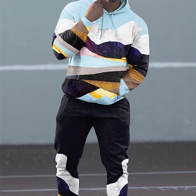 Men's Tracksuit Hoodies Set Lightweight Hoodie Black Blue Khaki Navy Blue Hooded Graphic Geometric