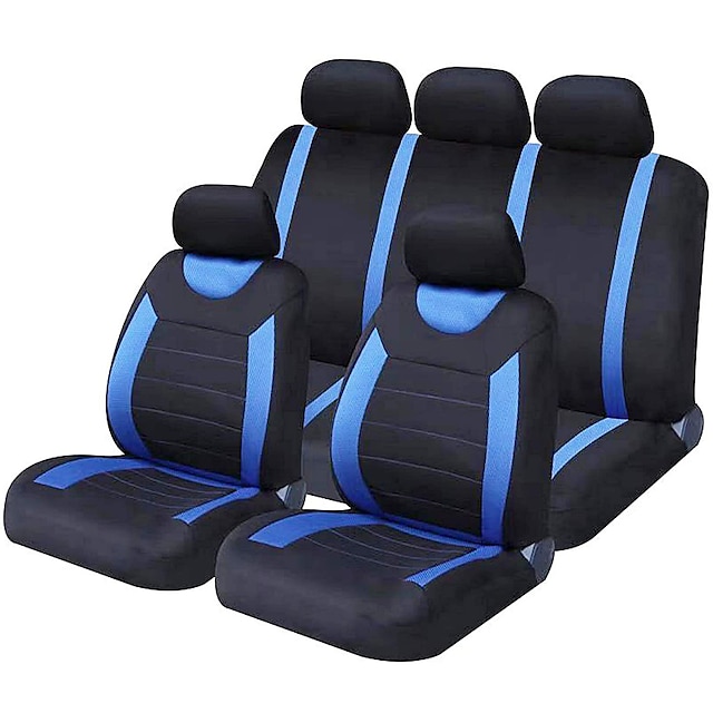  Juego completo de tela de poliéster universal de 5 asientos Starfire, funda de asiento de coche negra y azul, protector de cojín, lavable