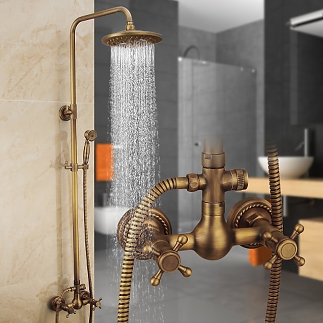  vintage-suihkujärjestelmä hana-yhdistelmäsarja keraaminen sekoitusventtiili, 8 tuuman messinkinen sadesuihkupää, jossa käsisuihku, antiikki seinään kiinnitettävä kylpyamme ja suihkusarja kylpyhuone kylpyamme