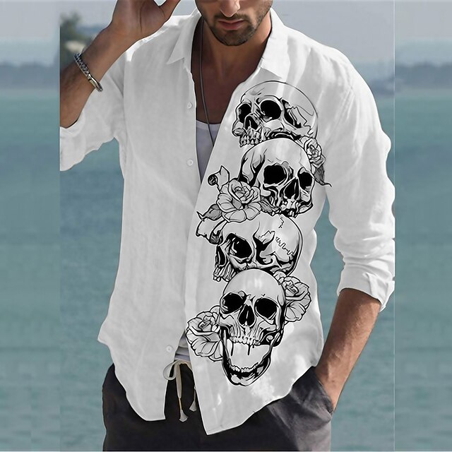 Men's Skull Halloween Costumes Shirt Button Up Shirt Long Sleeve Fashion Designer Casual Outdoor Casual Daily Spring &  Fall Turndown Print Button-Down White2