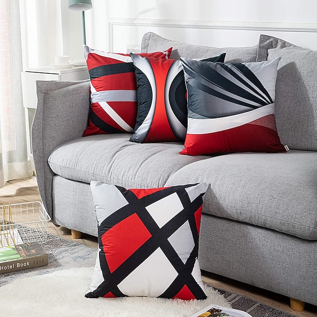  غطاء وسادة رمي هندسي مكون من 4 قطع مزدوج الجانب أحمر أسود ناعم مزخرف مربع كيس وسادة لغرفة النوم غرفة المعيشة جودة عالية آلة قابلة للغسل وسادة في الهواء الطلق للأريكة أريكة سرير كرسي