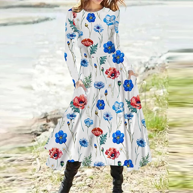 Mujer Vestido informal de una línea Vestido Midi Blanco Manga Larga Floral Bolsillo Estampado Otoño Cuello Barco Vacaciones 2022 S M L XL XXL 3XL 9214237 2023 – €35.39