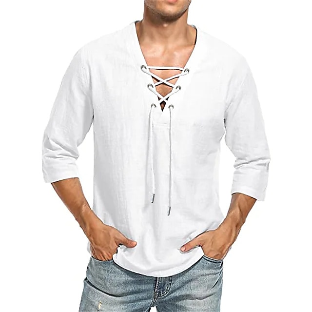 Men's Linen Shirt Shirt Summer Shirt Beach Shirt Black White Yellow 3/4 ...