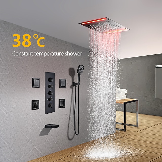  Shower Faucet,Rainfall Shower Head System / Thermostatic Mixer valve Set - Rainfall Shower Contemporary Painted Finishes Mount Inside Brass Valve Bath Shower Mixer Taps