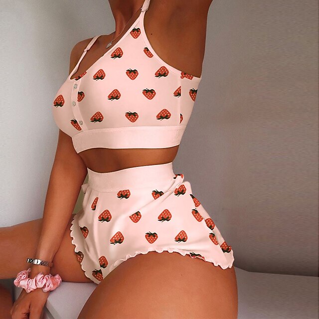  Women's Pajamas Sets Hot Soft Sweet Lip Fruit Polyester Valentine's Day Gyms Crew Neck Crop Top Shorts Spring Summer White Black / Sexy