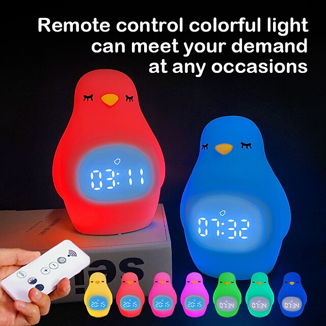 Alarm Clock Night Light Children's Colorful Penguin Environmentally Friendly Silicone Remote