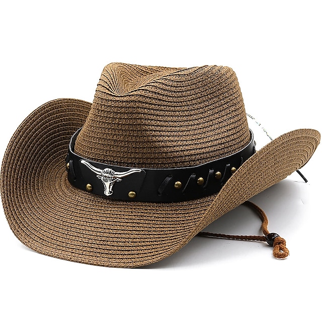 Women's Cowboy Hats Ethnic Style Straw Panama Hat Belt Cow Decorate 