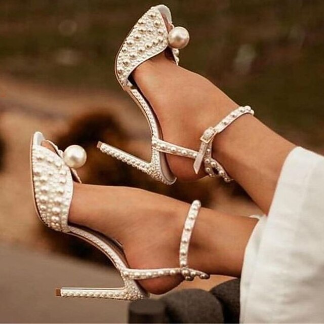 Women's Pearl-Embellished Stiletto Heels - Elegant Bridal Wedding Shoes with Ankle Strap and Open Toe Design 23
