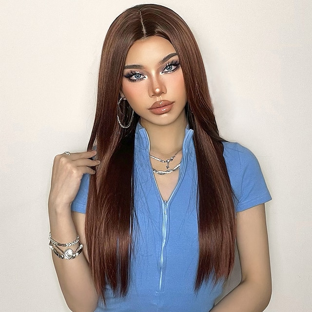 Beauty & Hair Wigs & Hair Pieces | Synthetic Lace Wig Natural Wave Style 24 inch Dark Brown Middle Part 13x1 Lace Front Wig Wome