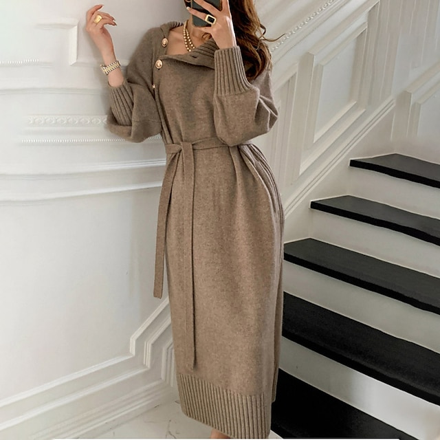  dam tröja klänning vinter klänning fodral klänning knälång klänning svart khaki beige långärmad ren färg knapp höst vinter höst polokrage snygg vinter klänning höst klänning lös passform 2023 one-size