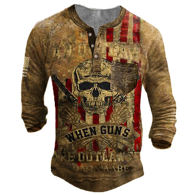 Men's T shirt Tee Henley Shirt Tee Graphic Skull Henley Brown 3D Print