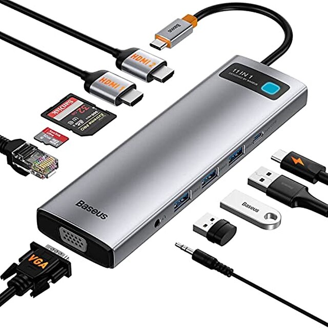  LITBest USB 3.0 USB C ฮับ 11 พอร์ต ความเร็วสูง OTG ฮับ ​​USB กับ HDMI 2.0 VGA RJ45 12V 1.5A การจ่ายพลังงาน สำหรับ