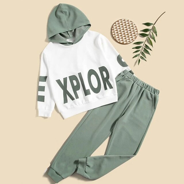 Baby & Kids Boys Clothing | Kids Boys Hoodie & Pants Hoodie Set Clothing Set 2 Pieces Long Sleeve Green Stripe Letter Print Stre