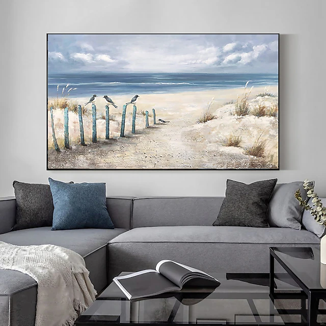 Handmade Oil Painting Canvas Wall Art Decoration Seaside Leisure Scenery Perched Birds for Home Decor Rolled Frameless Unstretched Painting 7