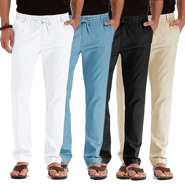 Men's Linen Pants Trousers Summer Pants Elastic Waist Multi Pocket ...