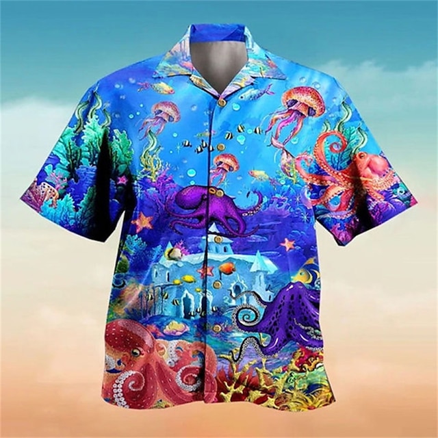  Men's Shirt Underwater World Turndown Street Casual Button-Down Print Short Sleeve Tops Casual Fashion Breathable Comfortable Sea Blue Blue