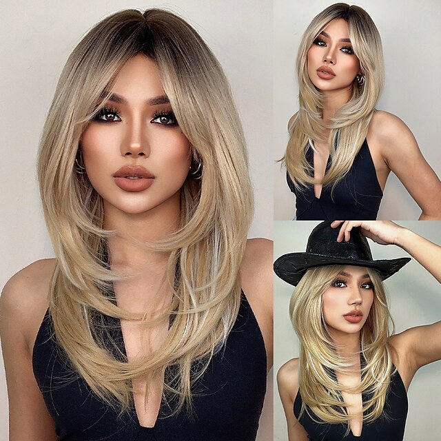 Beauty & Hair Wigs & Hair Pieces | HAIRCUBE Hair Ombre Brown Black Blonde Long Natural Straight Wigs With Side Part for Women - 