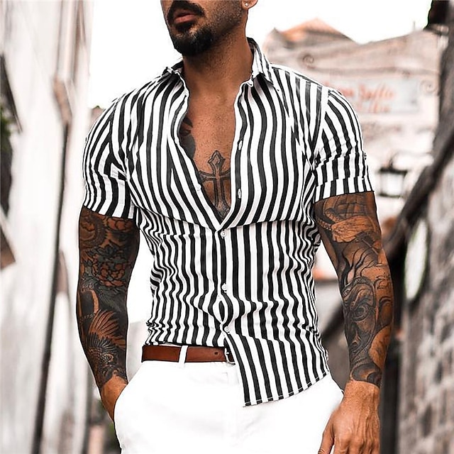 Men's Shirt Button Up Shirt Summer Shirt Designer Shirt Black / White ...