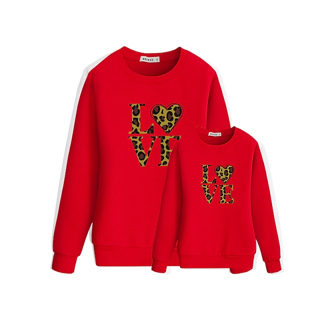 Baby & Kids Matching Outfits | Mommy and Me Tops Heart Leopard Letter Daily Print Red Long Sleeve Basic Essential Matching Outfi