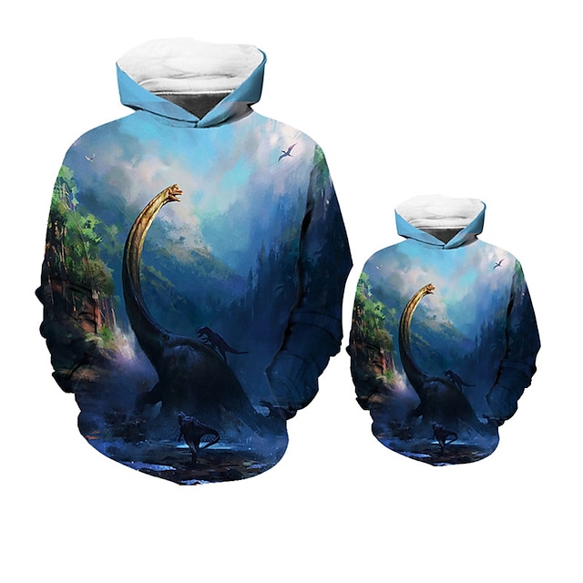 Baby & Kids Matching Outfits | Dad and Son Hoodie Dinosaur Animal Street Print Blue Long Sleeve Active Matching Outfits - OC9042