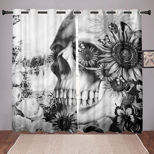 2 Panels Blackout Curtains Skull Printed Thermal Insulated Curtains for Bedroom Living Room Geometric Grommet Window Drapes Curtain Drapes
