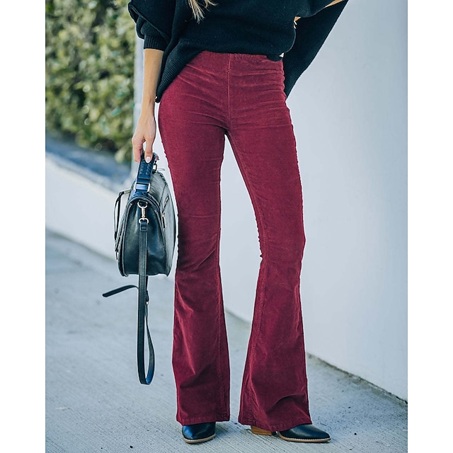  Women's Flare Bell Bottom Chinos Pants Trousers Corduroy Wine Red Camel Fashion Mid Waist Office / Career Casual Weekend Full Length Micro-elastic Plain Comfort S M L XL XXL