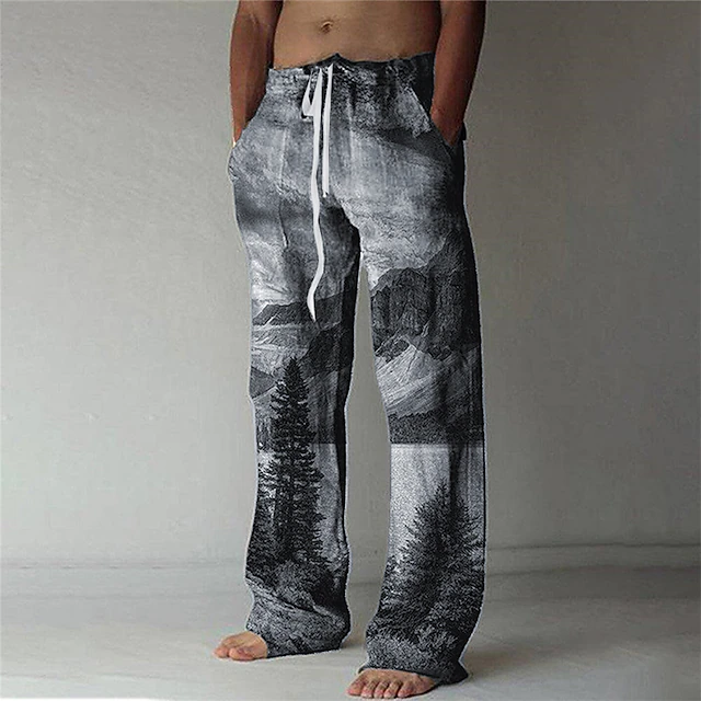 Men's Trousers Summer Pants Baggy Beach Pants Elastic Drawstring Design Front Pocket Straight Leg Tree Graphic Prints Comfort Soft Casual Daily For Vacation Linen Like Fabric Fashion Streetwear Blue4