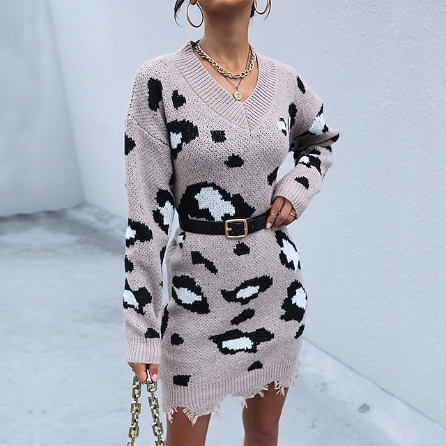  Damen Pullover Kleid Etuikleid Minikleid Kaki Langarm Leopard gestrickt Herbst Winter V Ausschnitt Stilvoll Casual Lockere Passform 2022 S M L